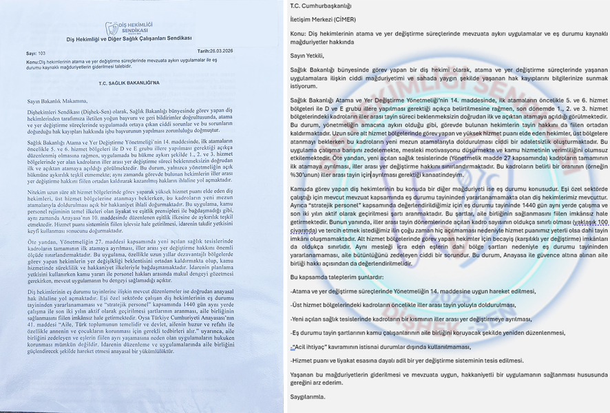 DİŞHEKSEN SENDİKASI OLARAK, DİŞ HEKİMLERİNİN ATAMA VE YER DEĞİŞTİRME SÜREÇLERİNDE YAŞADIĞI MAĞDURİYET VE MEVZUAT İHLALİ KONULARINA İLİŞKİN HAZIRLADIĞIMIZ DİLEKÇEYİ SAĞLIK BAKANLIĞINA RESMİ OLARAK İLETTİK