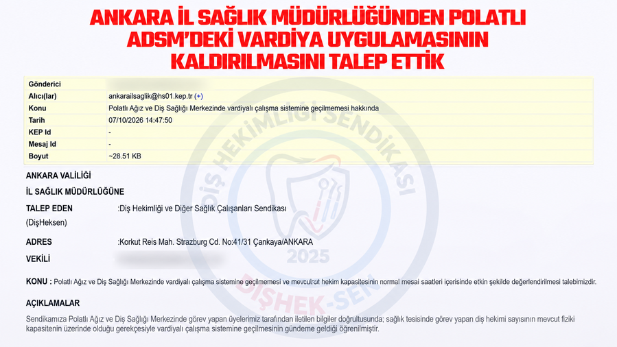 ANKARA İL SAĞLIK MÜDÜRLÜĞÜNDEN POLATLI ADSM’DEKİ VARDİYA UYGULAMASININ KALDIRILMASINI TALEP ETTİK